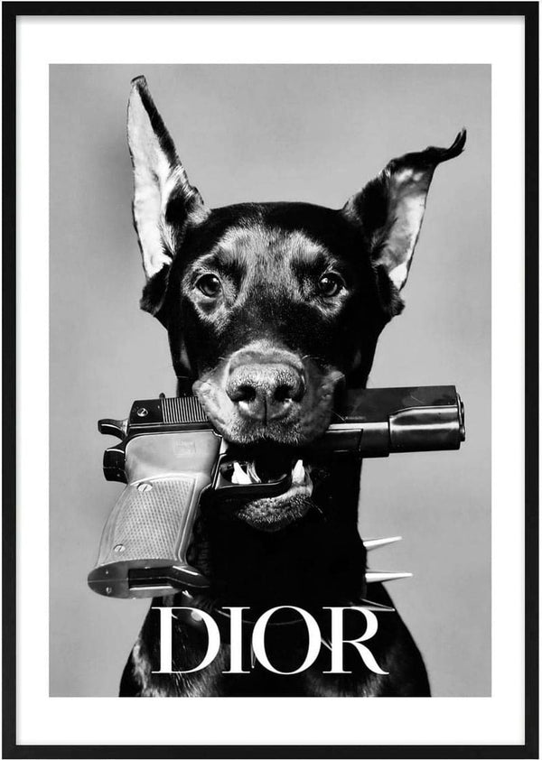 A black dog holding a pistol in its mouth with the word "DIOR" written below in bold letters.