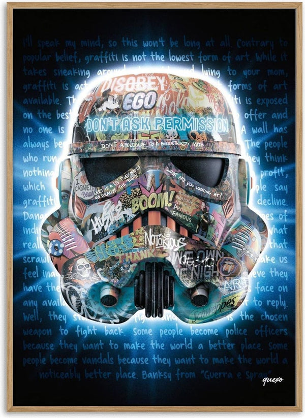 Stormtrooper helmet covered in colorful graffiti art, central text reads “DON’T ASK PERMISSION.”
