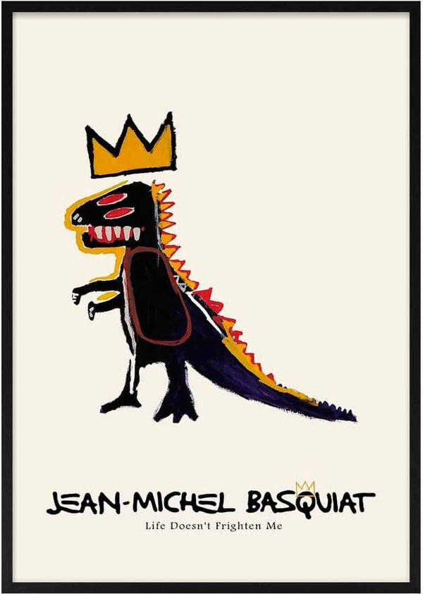 Artwork of a crowned dinosaur by Jean-Michel Basquiat with text "Life Doesn't Frighten Me" on product page.