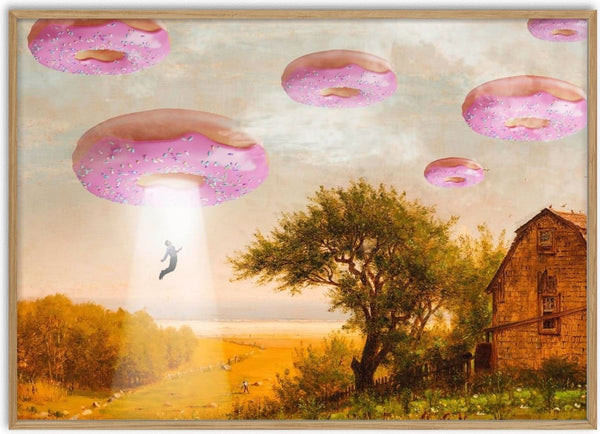 Donut Invasion by Dikhotomy - pink donuts as flying saucers over a golden landscape