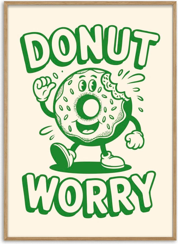 Illustration of a smiling donut with arms and legs, above the words "Donut Worry" in bold letters.