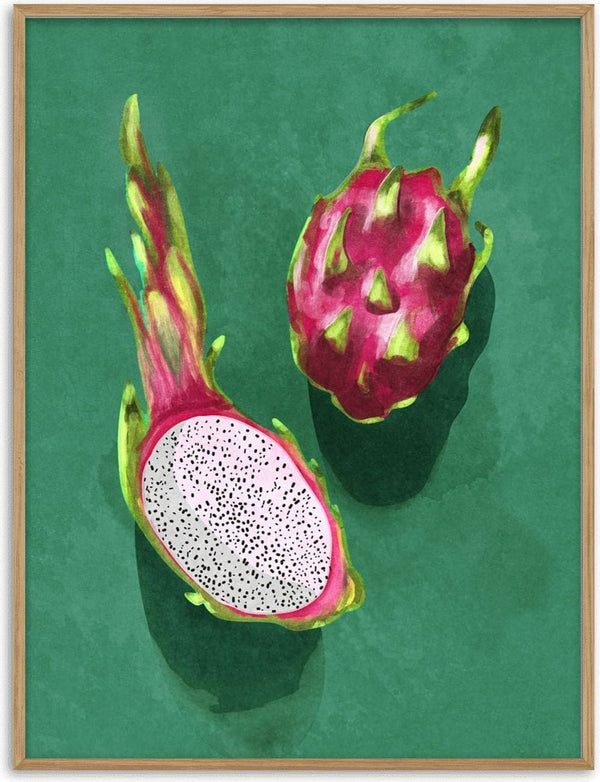Watercolor illustration of two dragonfruits, one whole and one cut open to show white flesh with black seeds.