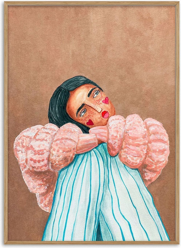 Painting of a dreamy girl with heart on her cheek, holding striped fabric; artwork by Raissa Oltmanns.