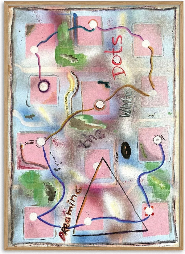 Dreaming The White Dots by Art Guveau - grid of pink squares joined by a winding path of white dots with hand-lettered words