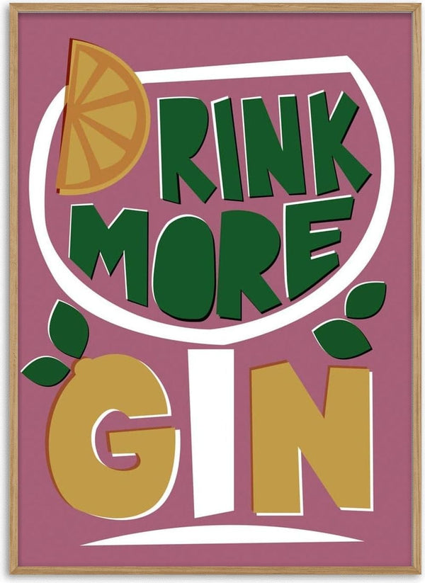 Graphic design of a gin glass with "Drink More Gin" and lemon slice, used for Drink More Gin Plakat product page.
