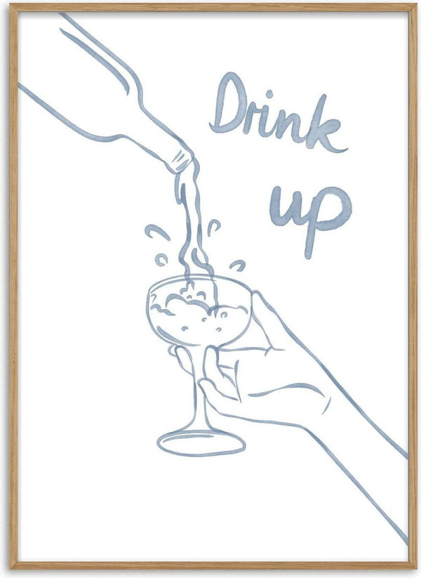 Drink Up poster by Lisen Vennesland with hands pouring champagne into a coupe glass in blue line art