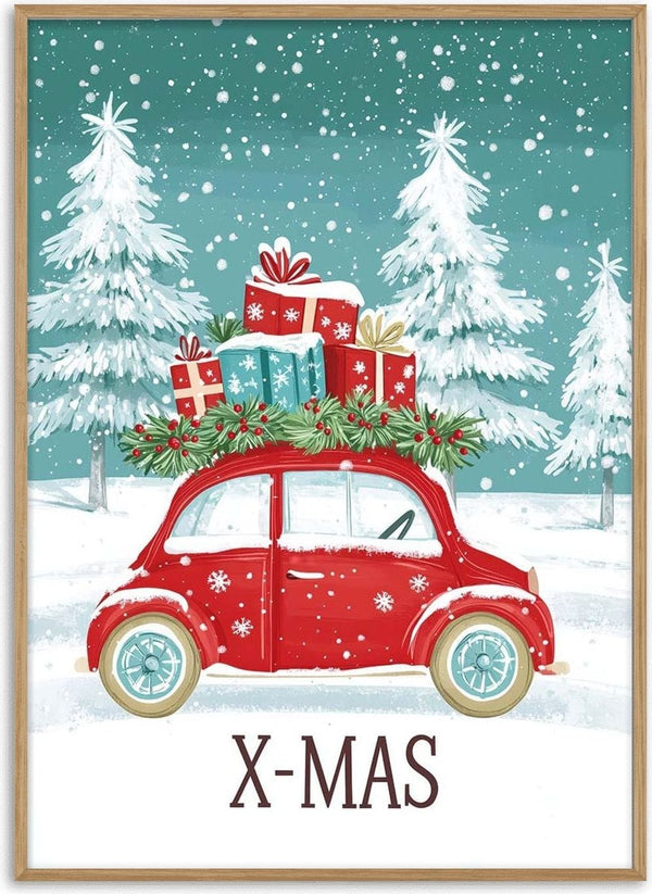Red car with Christmas gifts on the roof, snowy forest background, and "X-MAS" text below.