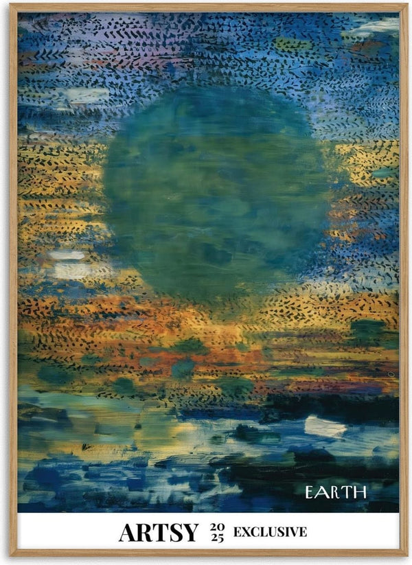 Abstract painting of a green planet over vibrant blue, yellow, and orange brushstrokes; titled “Earth” by Martin Zen.