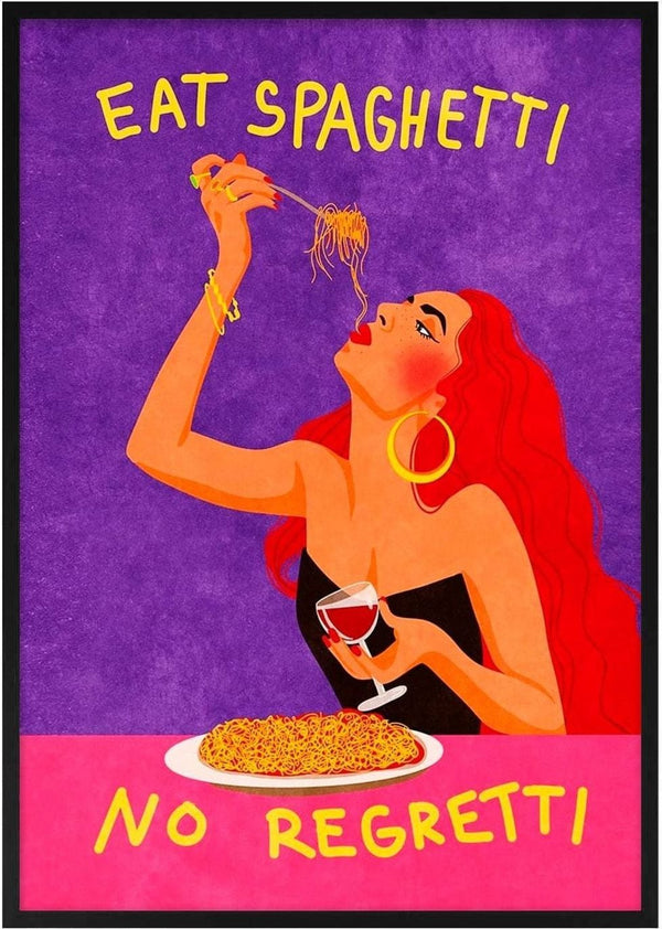 Woman enjoying spaghetti and wine with text "Eat Spaghetti No Regretti" on a colorful background.