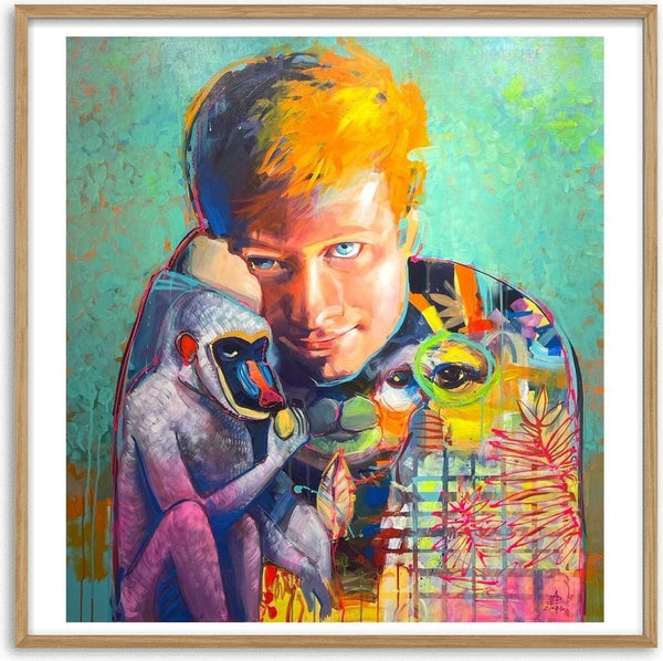 Ed Sheeran by Adrian DeDea - colourful pop portrait of Ed Sheeran with a purple monkey