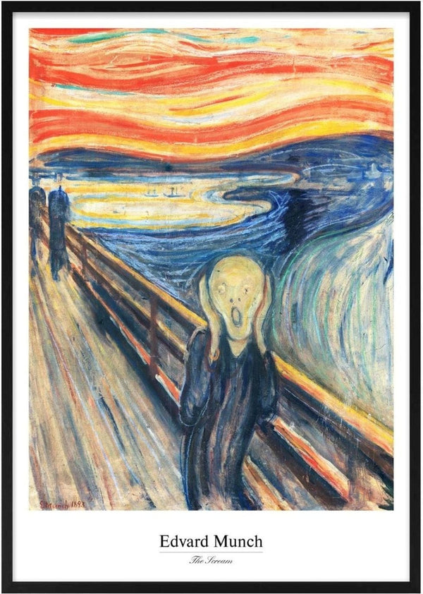The Scream by Edvard Munch poster featuring a figure on a bridge with swirling, vibrant sky in the background.