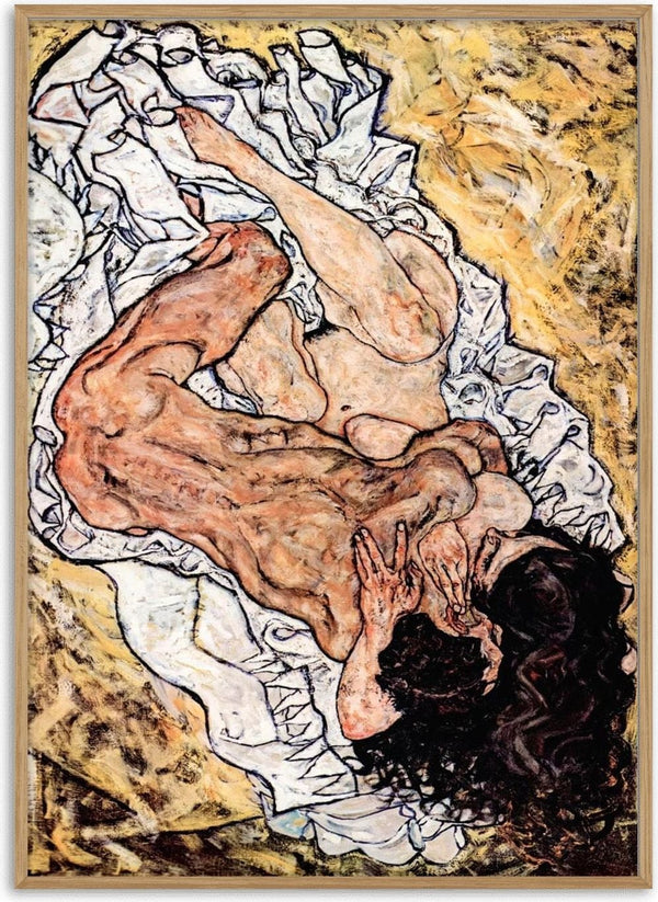 Two nude figures embrace on a bed of white sheets in Egon Schiele's expressionist painting "The Embrace."