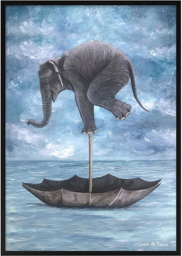 A whimsical elephant balancing on one leg atop an umbrella floating on water; art by Coco de Paris.