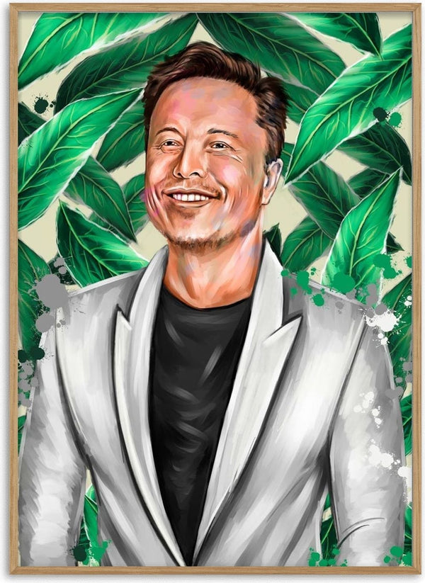 Digital portrait of Elon Musk in a light blazer, smiling with green leaves in the background.