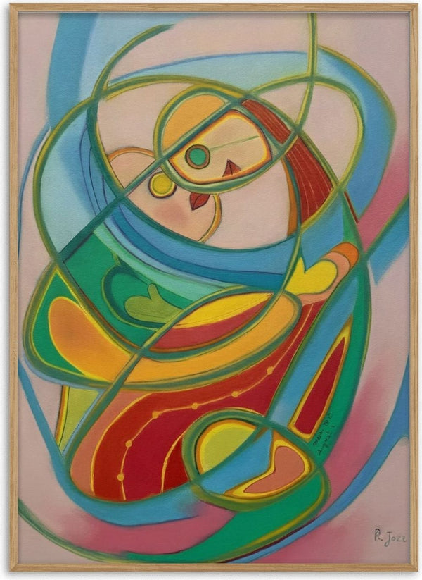 Embrace by Gerard Ceulemans - two figures held close in looping green and blue lines over fields of red, yellow and green