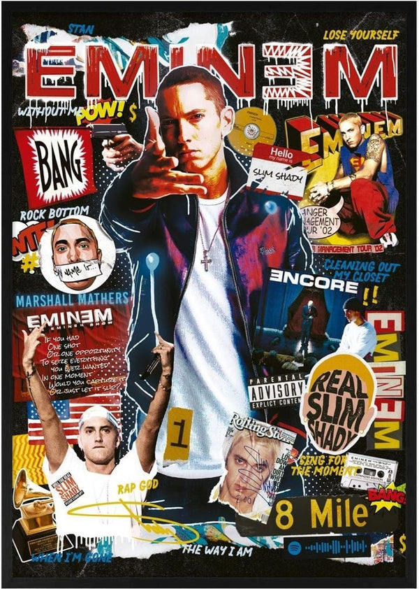 Collage-style Eminem poster featuring album covers, song titles, and various photos of Eminem for Ricardo Noble product.