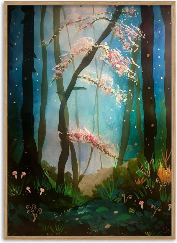 Enchanted Path by Debbie Seenan - misty blue forest path under pink blossom branches