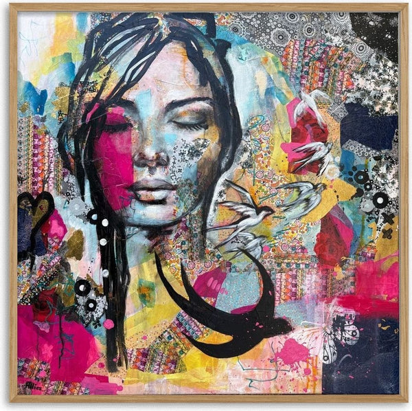 Ende des Sommers by Anke Fillies - a woman with closed eyes among swallows and collaged papers