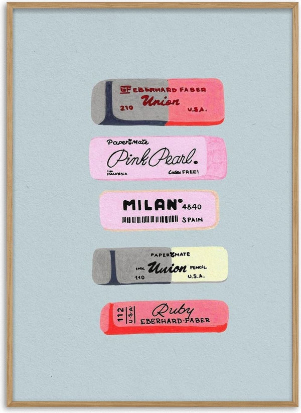 Illustration of five vintage erasers in various colors and brands on a light gray background.