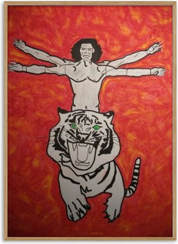 Es gibt dich zweimal by Olaf Baier - a four-armed man above a white tiger against red and orange flames