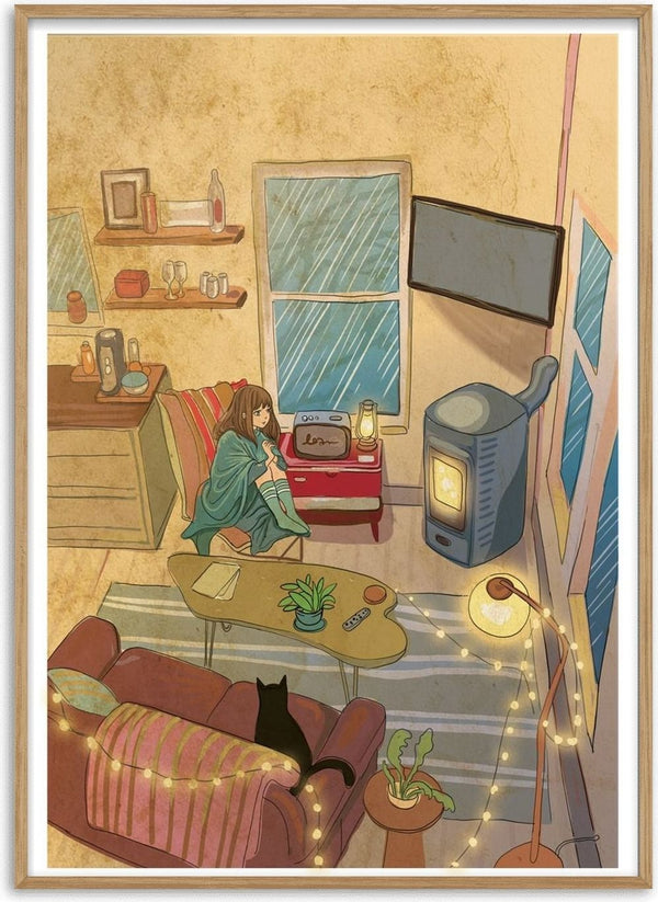 Evening by Nina Broen - a girl in a blanket by an old TV and a wood stove with a cat asleep on the sofa