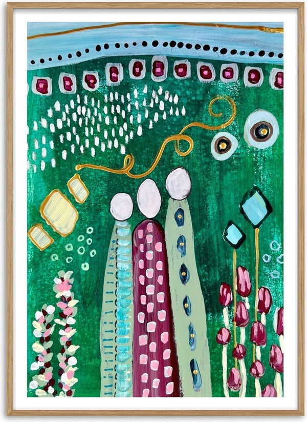 Fairy Tale 2 by Art Anne Lee - three patterned figures on a deep green ground