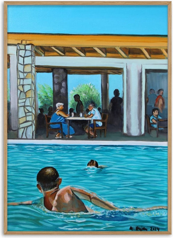 Family Time by Nella Hajdu - swimmers in a turquoise pool with families under a pergola