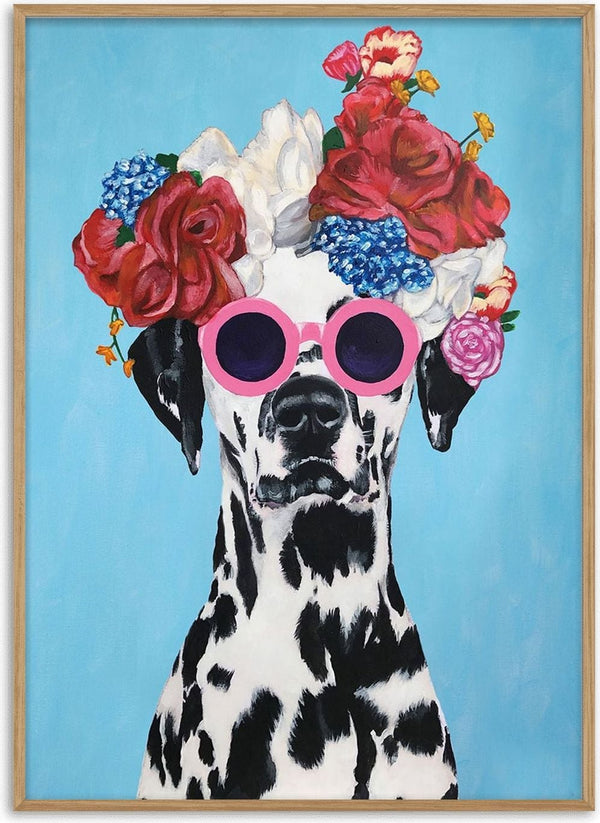 Dalmatian wearing pink sunglasses and a colorful flower crown on a blue background.