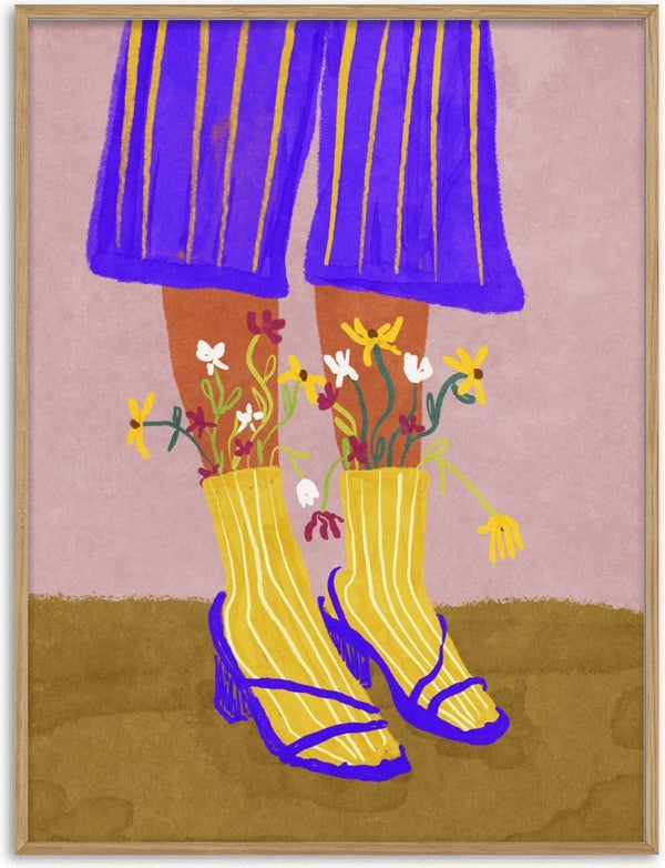 Illustration of legs in striped pants and heels, with colorful flowers emerging from yellow socks.