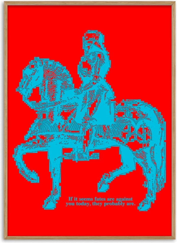 Fate by Francisco Gualter - cyan equestrian statue on red poster