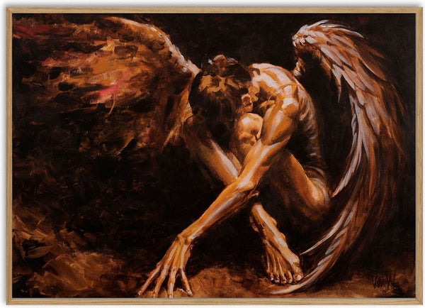 Fear by VanW - a crouching angel with arms stretched along the ground in umber and ochre against black