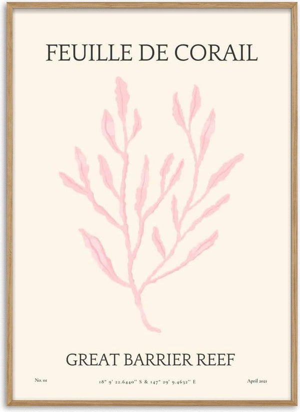 Minimalist art poster of pink coral leaf with the text "FEUILLE DE CORAIL" and "GREAT BARRIER REEF."