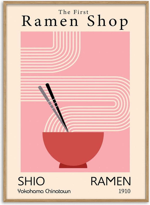Minimalist poster of a ramen bowl with chopsticks, reading "The First Ramen Shop - Shio Ramen, Yokohama Chinatown 1910".