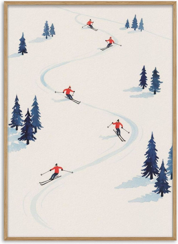 Five skiers in red outfits carving down a snowy slope among scattered evergreen trees.
