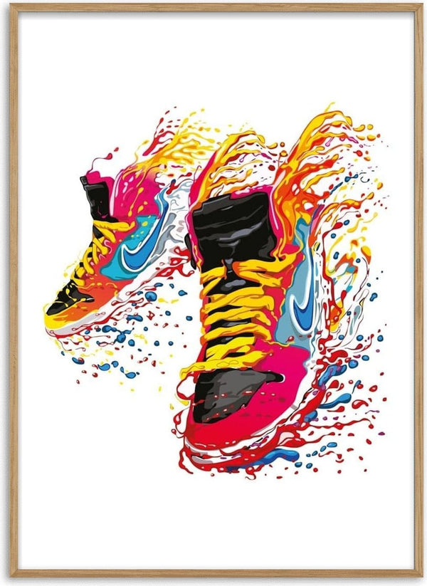 Colorful illustrated Nike sneakers with flaming, splash-like effects in vibrant red, yellow, and blue hues.