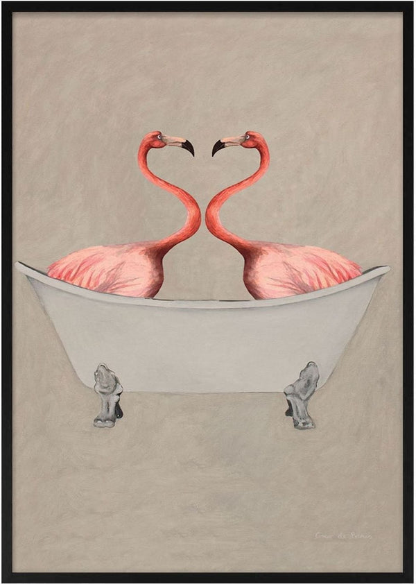 Two pink flamingos facing each other in a white clawfoot bathtub, art print by Coco de Paris.