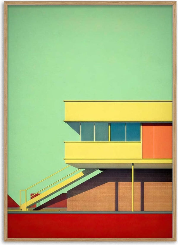 Minimalist Bauhaus-style building with yellow, orange, and red geometric shapes against a pastel green sky.