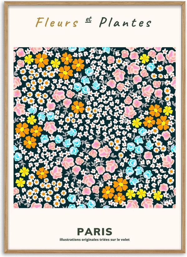 Poster of colorful pink, blue, white, and yellow flowers with "Fleurs et Plantes" and "Paris" text above and below.