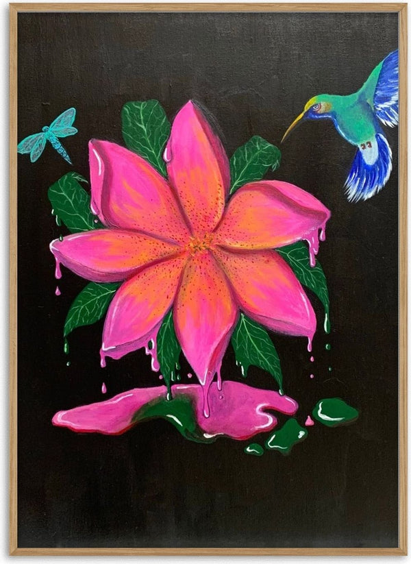 Flora e Fauna by KG Studio - pink flower with hummingbird and dragonfly on black