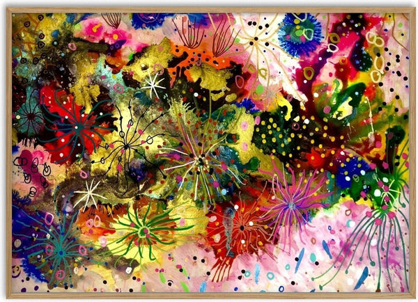 Floral explosion by Debbie Seenan - colourful flowers bursting across the sheet with black starbursts