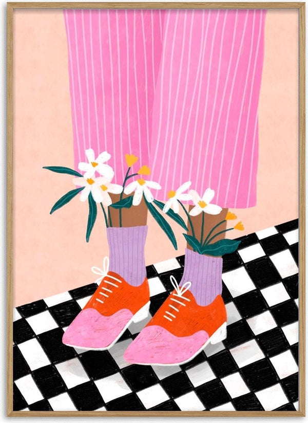 Illustration of pink pants, purple socks, orange shoes with white flowers blooming from them on a checkered floor.