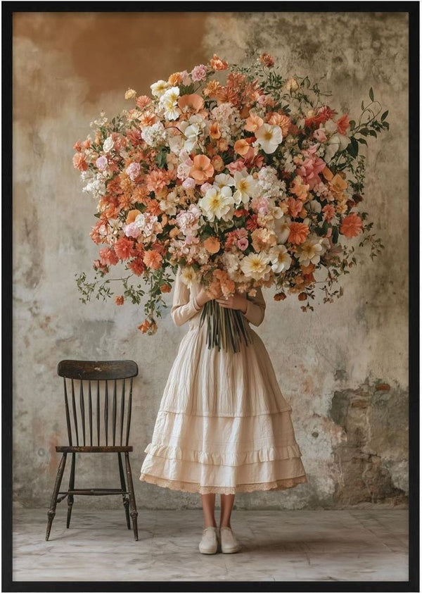 Woman in vintage dress holding a large, colorful bouquet of flowers next to an empty wooden chair.