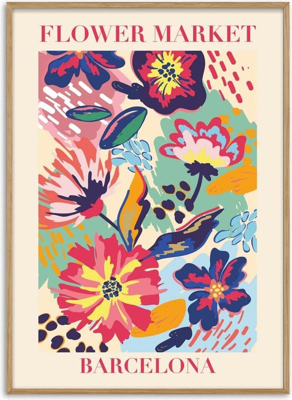 Colorful illustrated flowers with "Flower Market Barcelona" text on a vibrant, artistic poster.