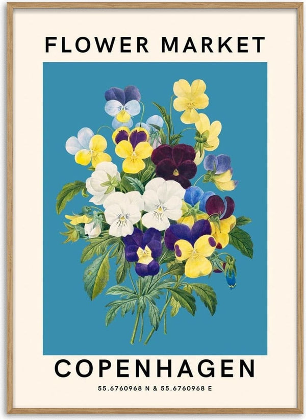 Illustration of colorful pansies with green leaves on a blue background, labeled "Flower Market Copenhagen".