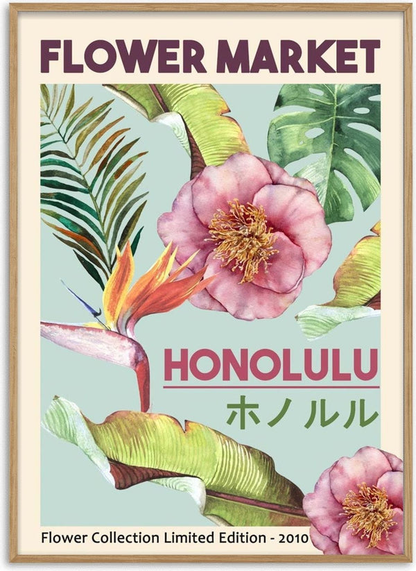 Poster with tropical flowers, leaves, and text: "Flower Market Honolulu" in English and Japanese.