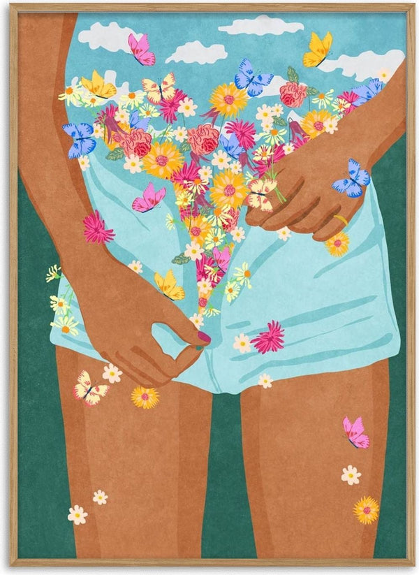 Illustration of a person in blue shorts with flowers and butterflies emerging, representing Flower Mood by Raissa Oltmanns.