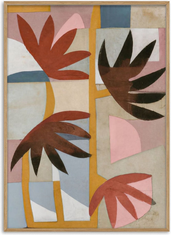 Flower safari by Interiorisla - cut-out fan leaves in rust and pink across a grey and sand grid