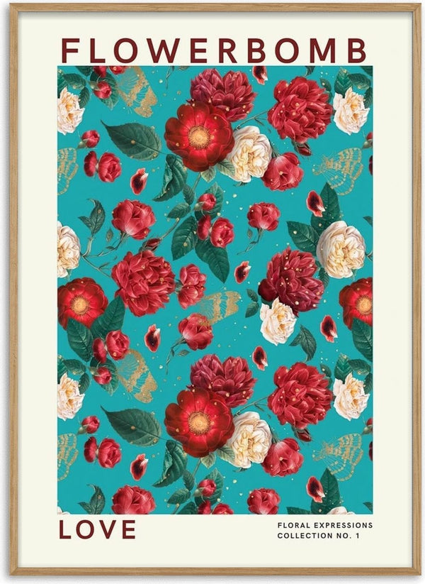 Poster with vibrant red and white flowers on a teal background, titled "Flowerbomb Love" floral wall art.