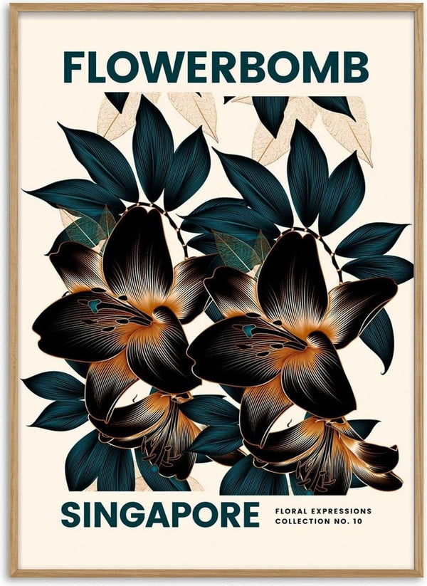 Artistic illustration of dark flowers and leaves, labeled Flowerbomb Singapore Plakat on a product page.