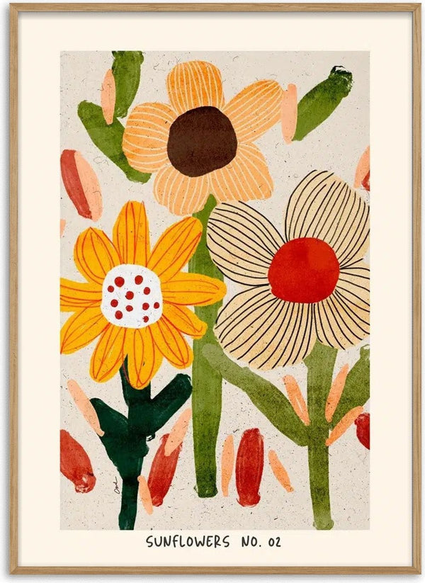 Illustration of three stylized sunflowers with colorful petals and stems, labeled "Sunflowers No. 02".